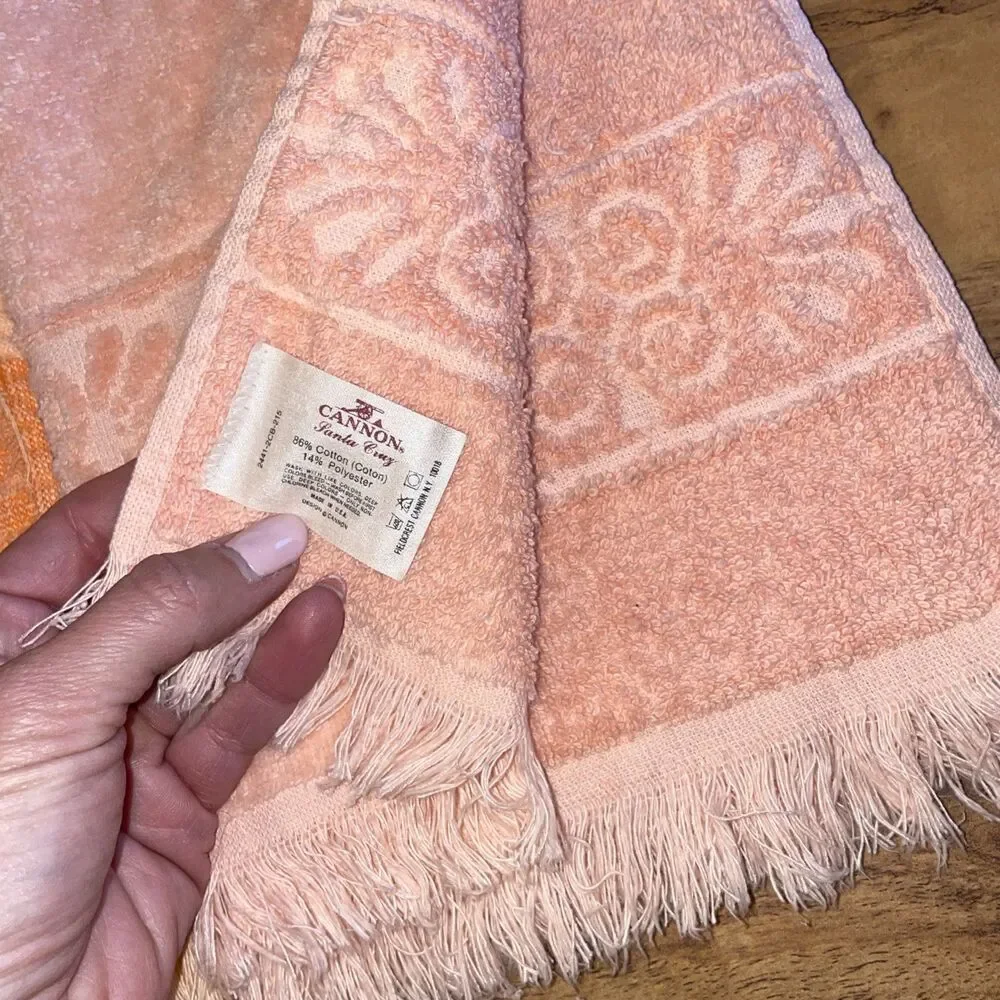 Vtg Cannon Monticello Santa Cruz Hand Towel Set Peach Pink Sculpted Fringe